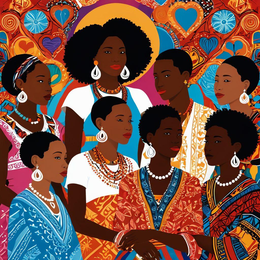 A vibrant illustration depicting a diverse group of individuals from Kenya's sex positive community engaging in an open dialogue about relationships. The background features cultural elements reflecting Kenyan heritage, such as traditional patterns and vibrant landscapes. Include symbolic icons of love and wisdom like hearts and books, intertwined with themes of sexuality and acceptance. The overall tone should be positive, inclusive, and thought-provoking. colorful vector art. energetic atmosphere.