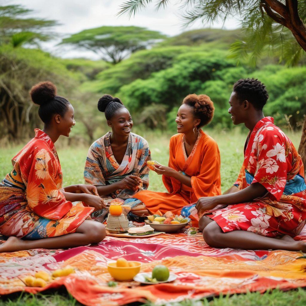 A vibrant and lively scene showing a diverse group of young Kenyans enjoying a romantic picnic in a lush, tropical setting. Include elements like colorful kimonos, local delicacies on a beautifully arranged blanket, and playful interactions that convey warmth and connection. Capture the spirit of an erotic lifestyle with subtle suggestive elements like intertwined hands and flirtatious glances. The background features iconic Kenyan wildlife, emphasizing the natural beauty of the environment. super-realistic. vibrant colors.