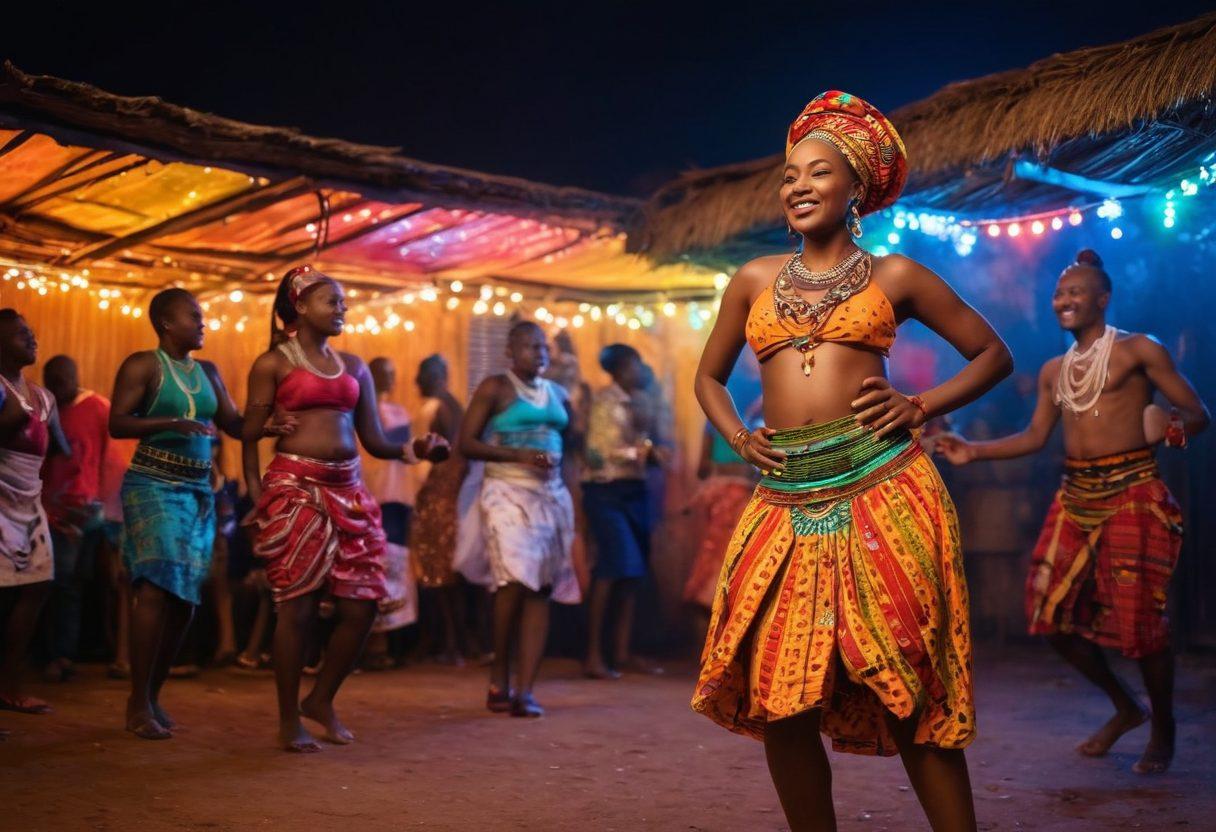 A captivating scene depicting the lively essence of Kenyan nightlife, featuring a diverse group of people enjoying vibrant entertainment, with colorful lights and traditional motifs in the background. Showcase dancers in traditional attire and modern outfits, symbolizing the blend of culture and contemporary society. Include elements of connection, such as friendly interactions and shared laughter. Add an ambiance of warmth and joy to reflect the theme of pleasure and relationships. vibrant colors. super-realistic.